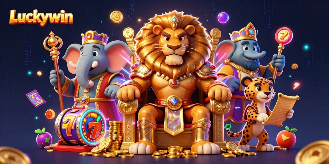 Experience the thrill of Luckywin with fierce characters and vibrant slot game elements in a dazzling digital illustration.