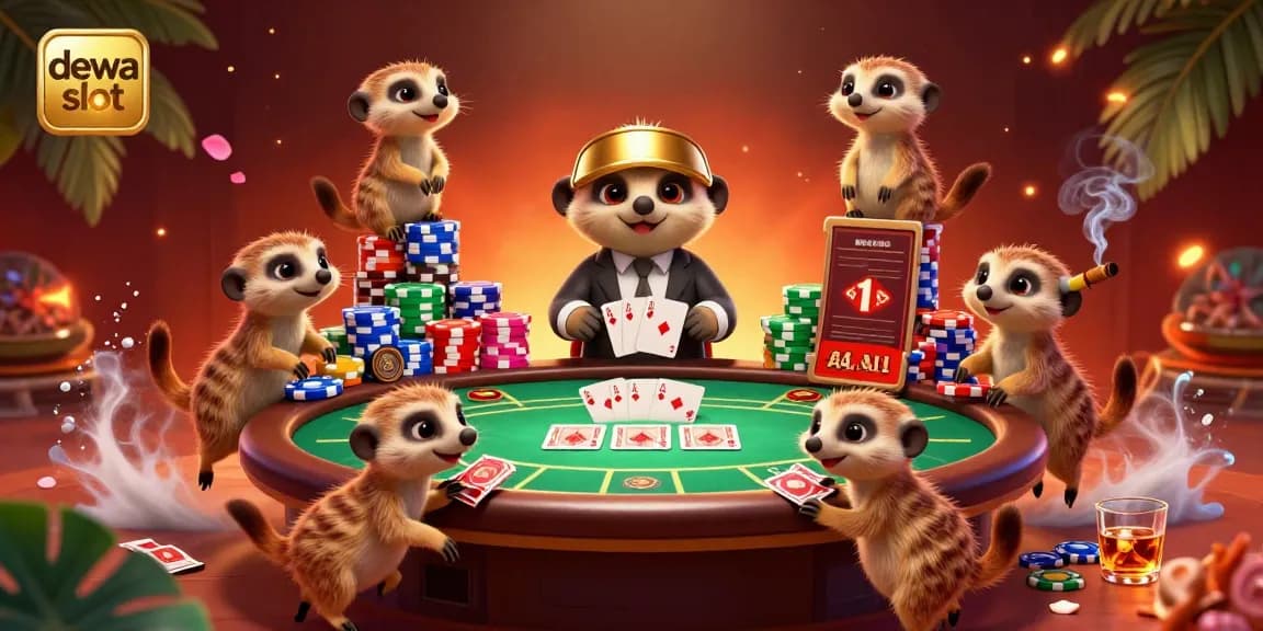 Dewa slot brings vibrant action to life with meerkats managing a lively casino scene filled with colorful poker chips and game elements.
