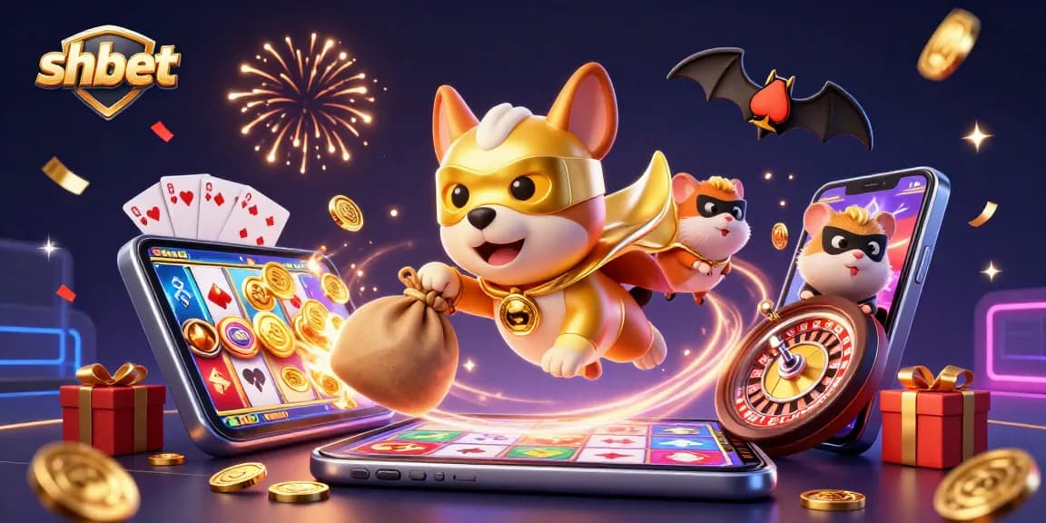 Win big with shbet as cartoon superhero dog flies with gold coins, gaming elements scattered around.