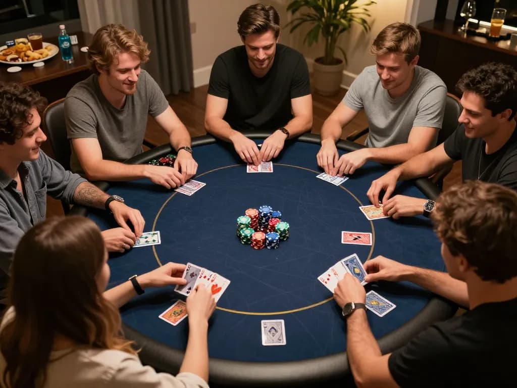 Players enjoying a strategic game of poker at home as they relax and connect, featuring F168 ambiance.