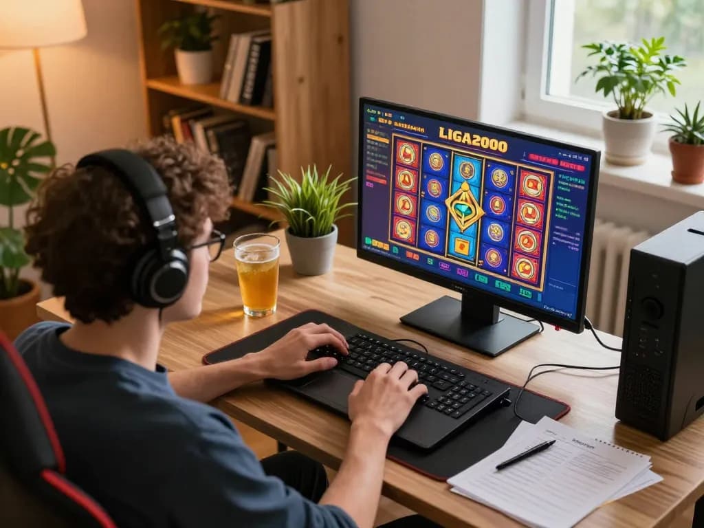 LIGA2000 player engaging with vibrant online slot interface at home, showcasing relaxed gaming atmosphere.
