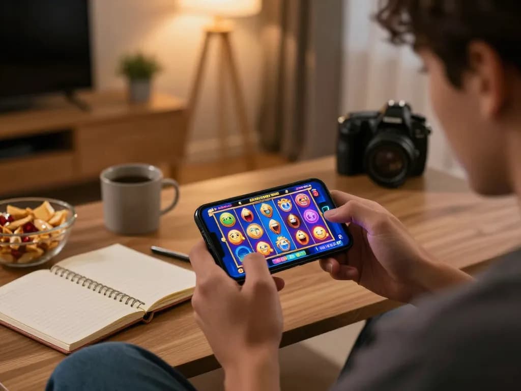 Engaging player celebrating a win on a mobile app while playing toto slot in a cozy home environment.