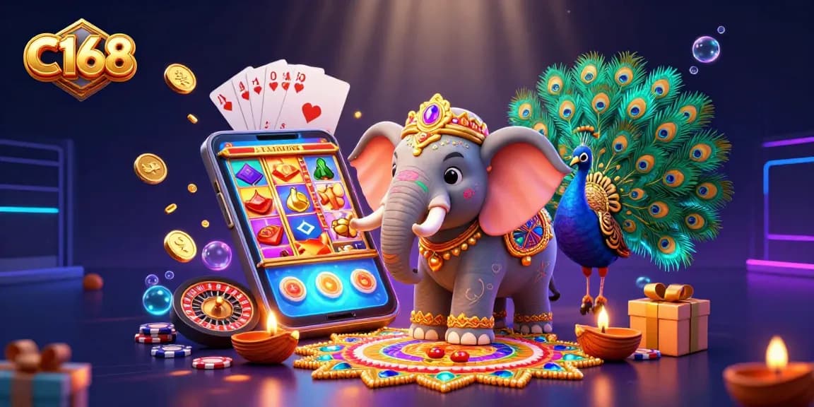 C168 offers exciting gameplay with a vibrant 3D scene showcasing slots and colorful characters.