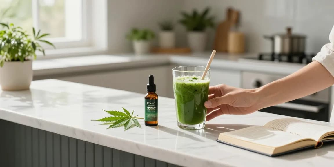 Fumot T9000 Pro Max Vape placed beside a CBD oil bottle and wellness journal in a bright kitchen setup.