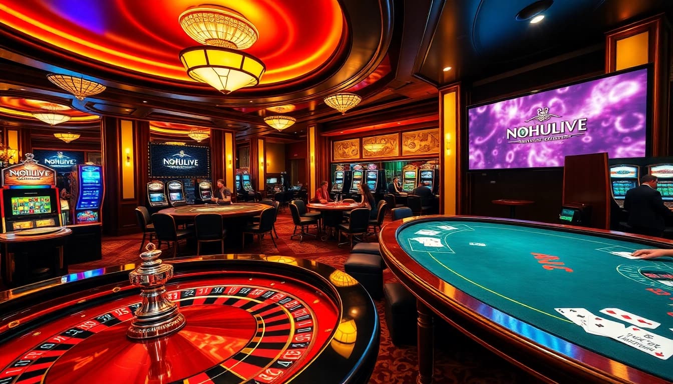 NOHULIVE logo is showcased in an elegant casino scene filled with thrilling gaming activities.