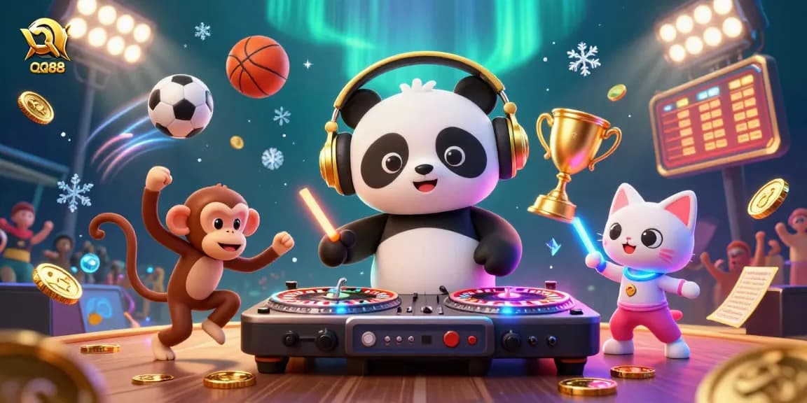 Engage with QQ888 through dynamic gaming elements in this energetic 3D casino illustration.