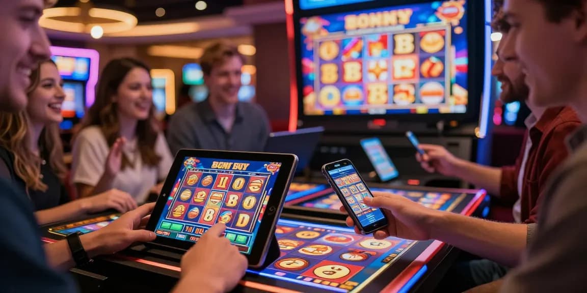 Players enjoying bonus buy slots in a lively casino atmosphere, showcasing engagement and excitement in gaming.