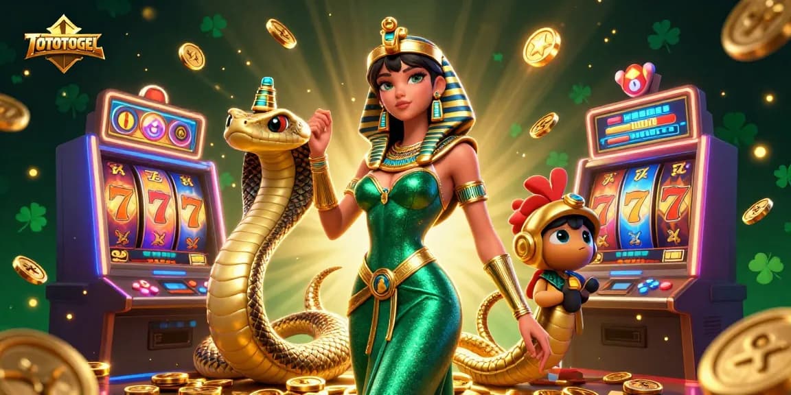TOTOTOGEL slot machines with vibrant reels and a stunning woman in emerald gown, captivating casino scene.