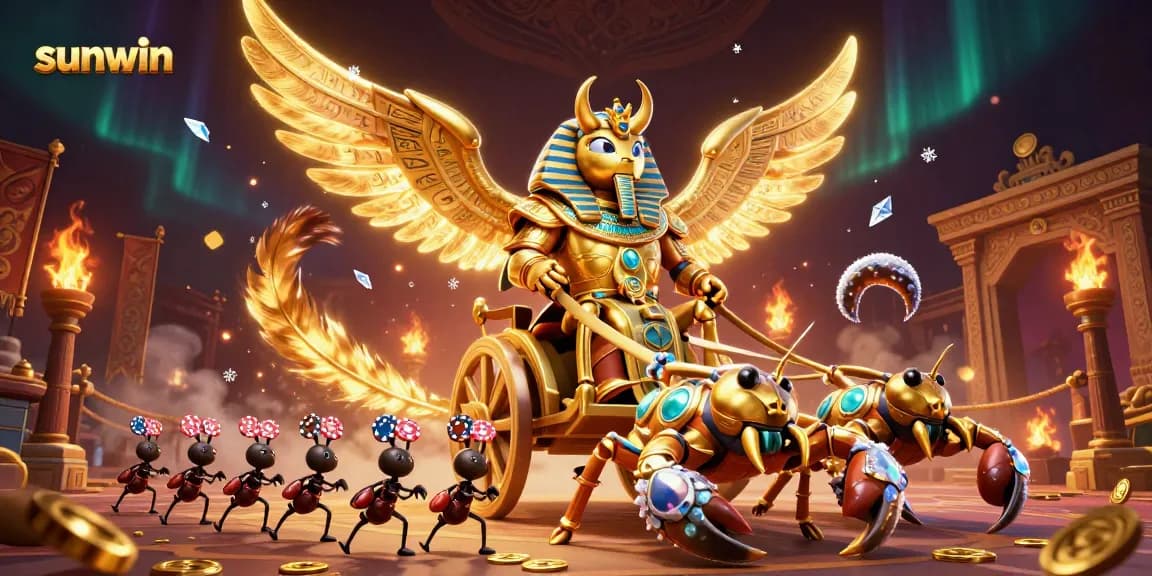 Experience sunwin's vibrant casino world with a colossal golden scarab in action.