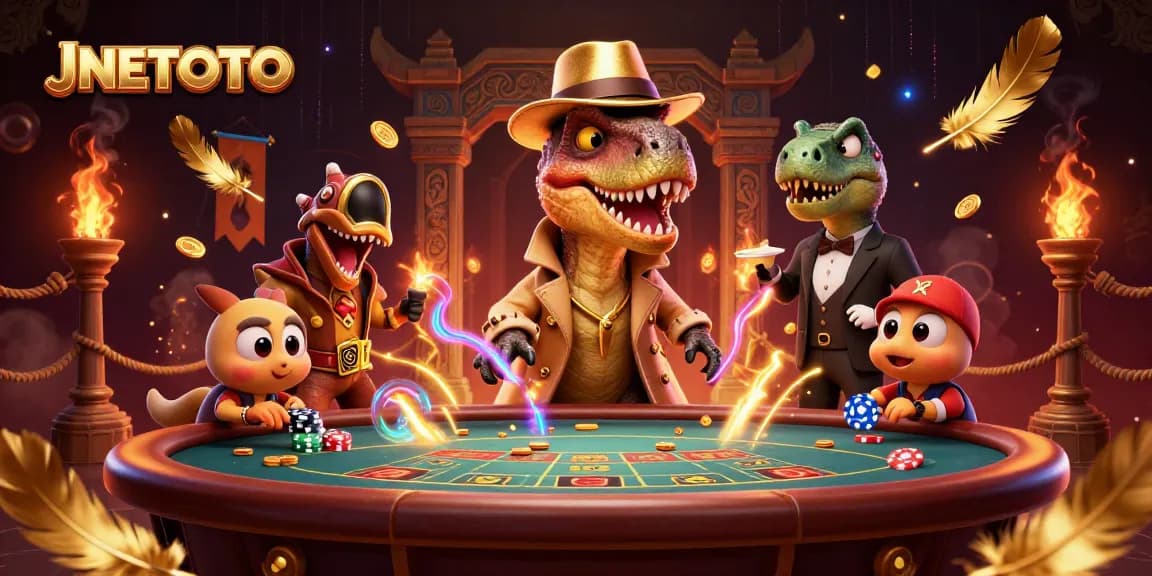 Menggambarkan JNETOTO, velociraptor penghitung kartu di meja blackjack, atmosfer kasino yang penuh chips dan koin emas.