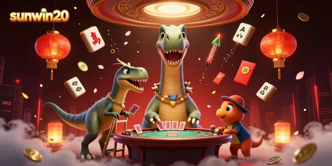 Experience sunwin20 with this vibrant casino scene featuring dinosaurs and dynamic gaming elements.