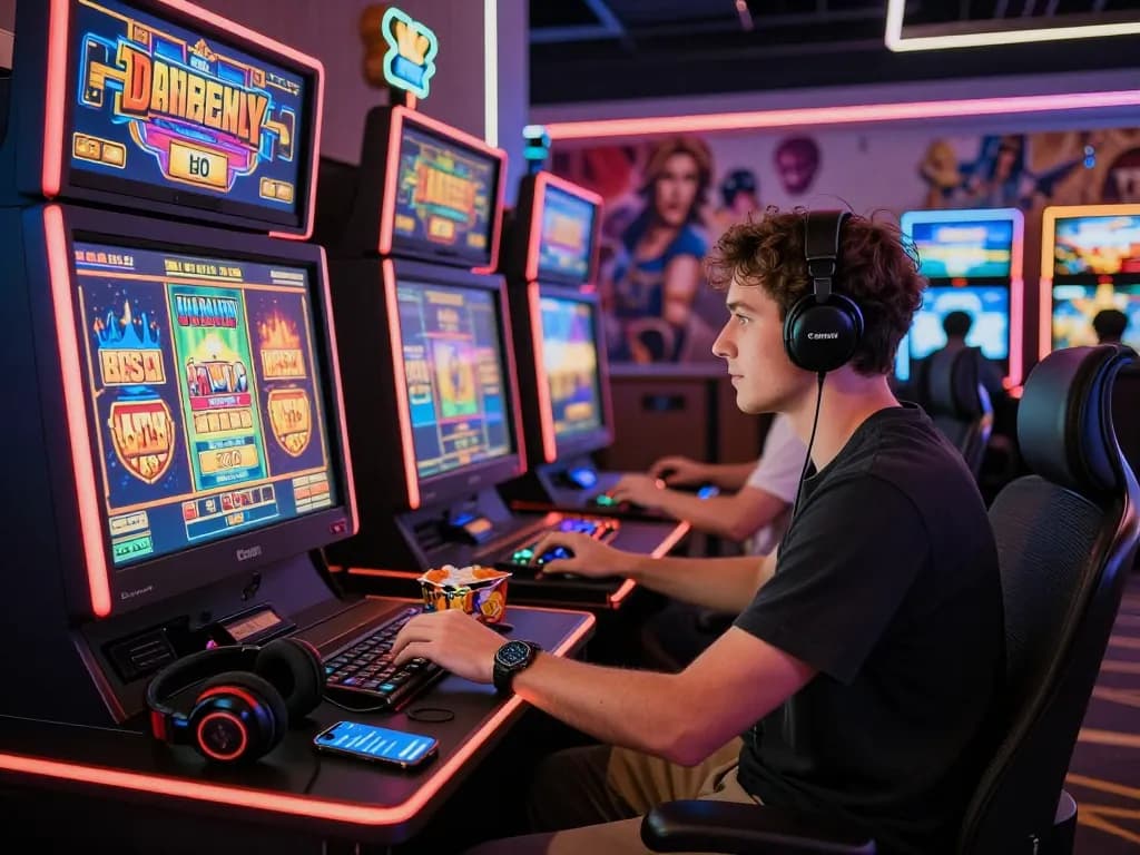 Pemain menikmati slot online laoban188 di kasino digital yang dipenuhi lampu neon.
