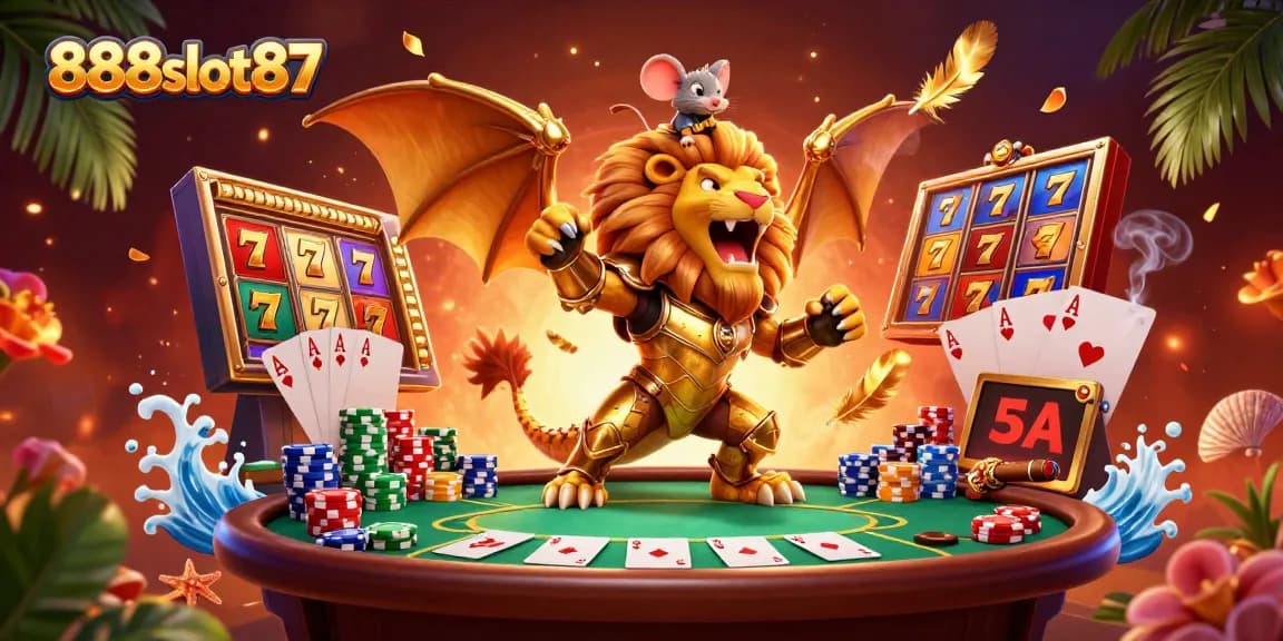Engage in thrilling moments at 888slot87 with vibrant slot reels and a triumphant chimera creature.
