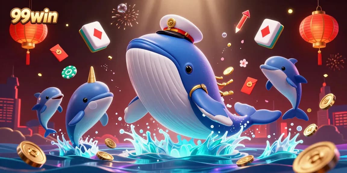 Enchanting 99win scene as a giant cartoon whale bursts through coins while playful dolphins toss poker chips