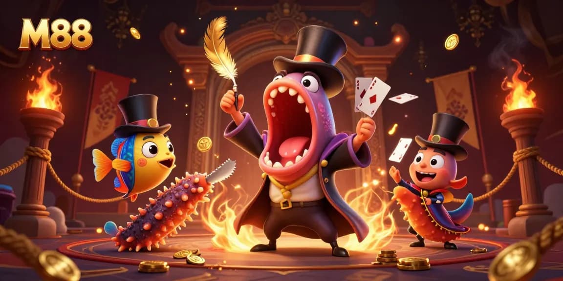 M88 showcases a thrilling cartoon scene with unique characters in a high-stakes casino atmosphere.