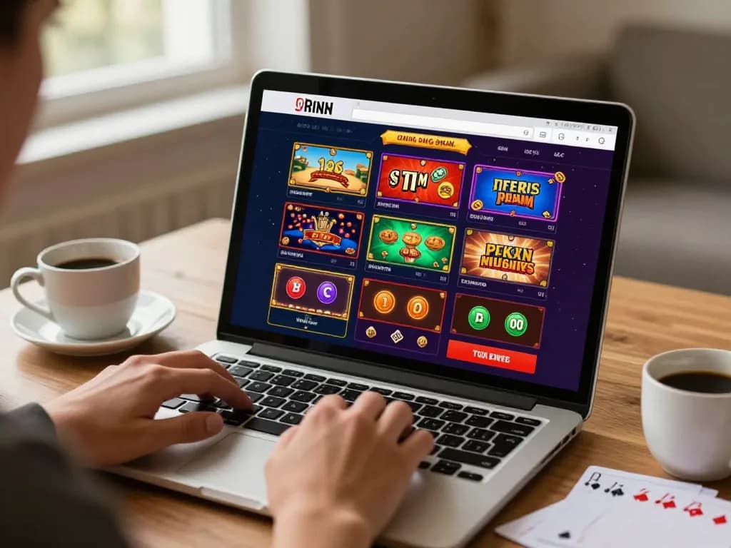 Engaged player exploring Rikvip's online casino games on laptop in a cozy home setting.
