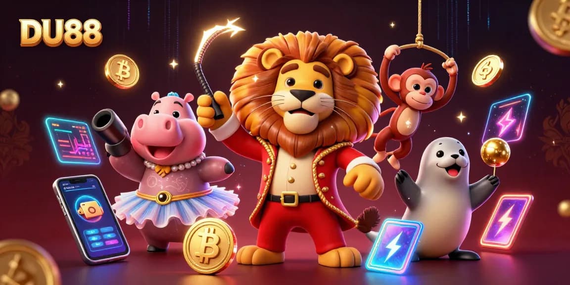 Experience the vibrant world of DU88 casino with lively characters and crypto-inspired elements.