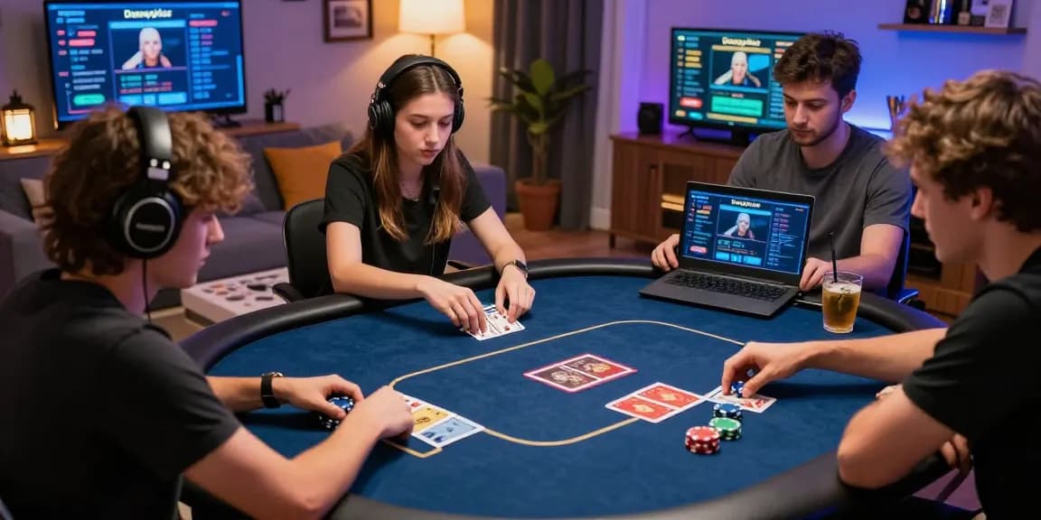 Pemain dewapoker bermain poker online dengan antusias di rumah.