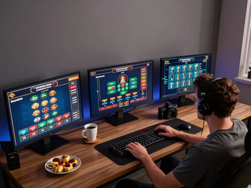 Engaging in online gameplay at cm 88 with multiple screens showing various casino games for a strategic betting experience.