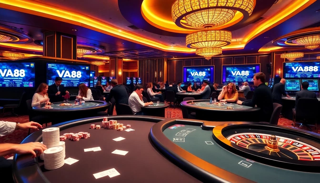 VA88 vibrant casino gaming experience with players at blackjack tables and roulette wheels.