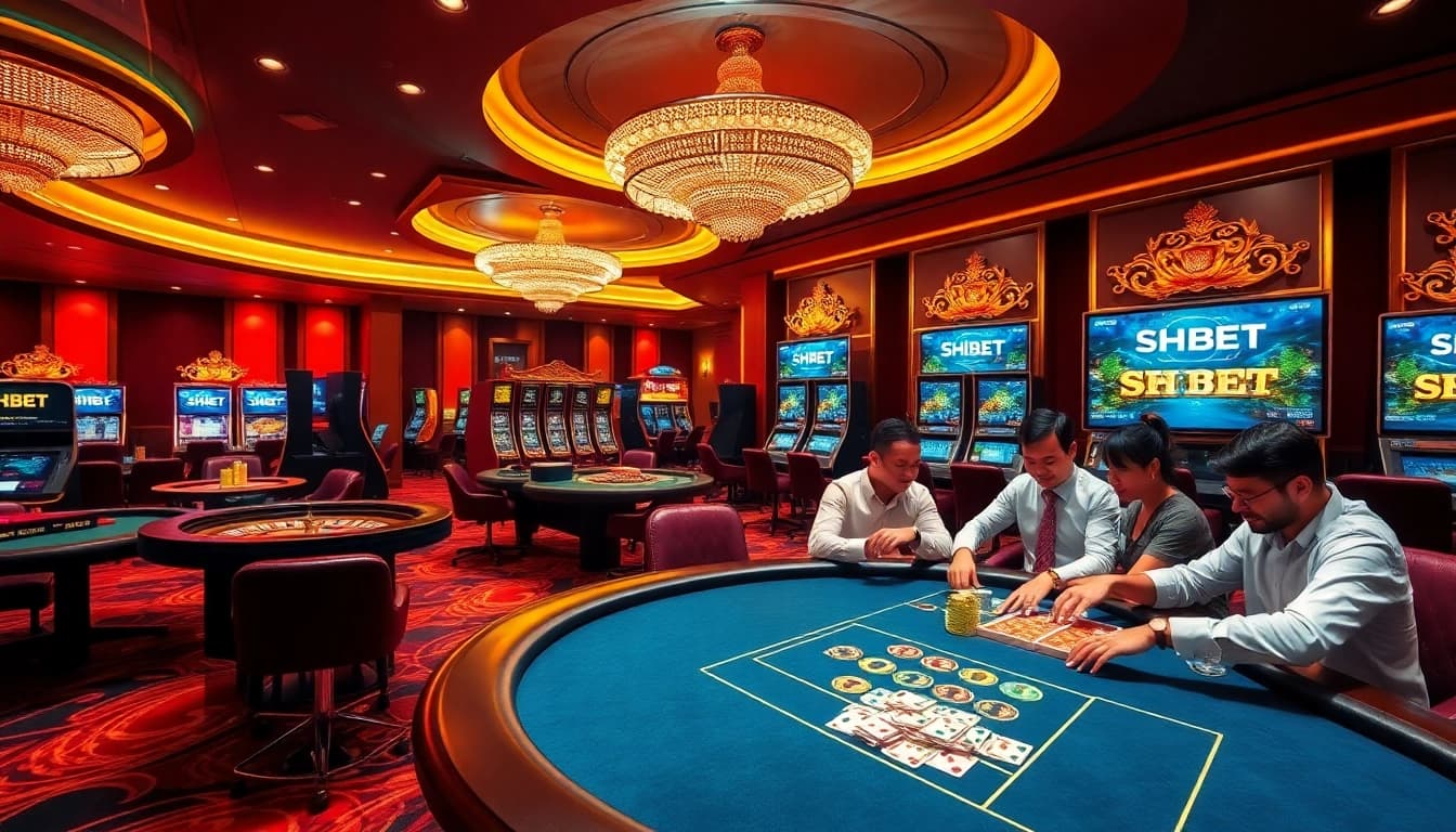 Watch gamblers placing bets at SHBET's luxurious casino tables with vibrant poker chips and cards.