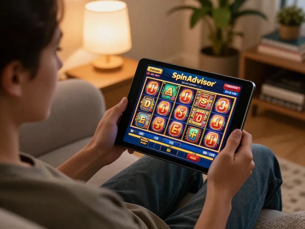 spinadvisor user enjoying online slot gaming in a cozy home setting with tablet and personal touches