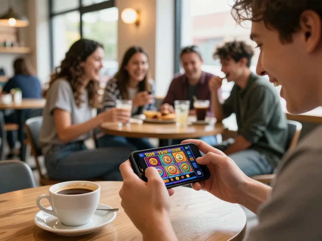 Engaging scene of a user playing TO288 slot game on smartphone at a café, showcasing vibrant gaming experience.