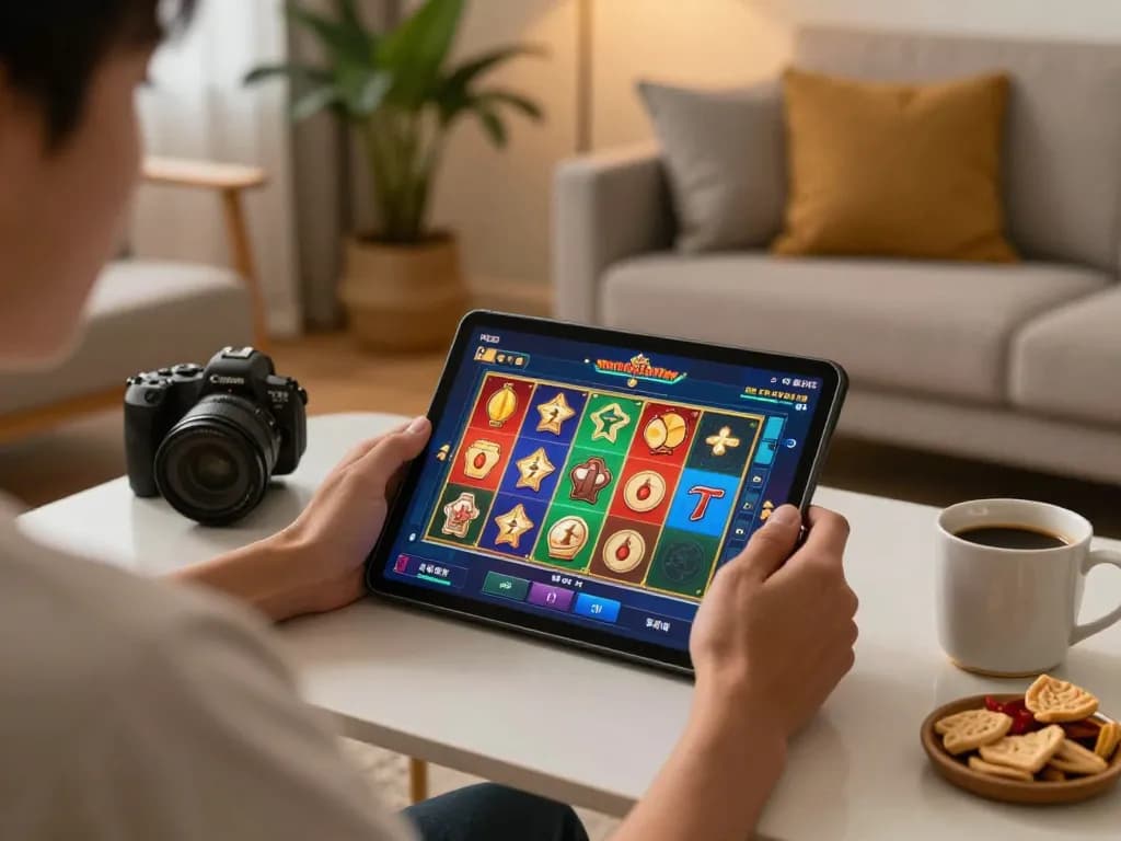Engaged player spinning a slot game on a tablet in a cozy living room setting