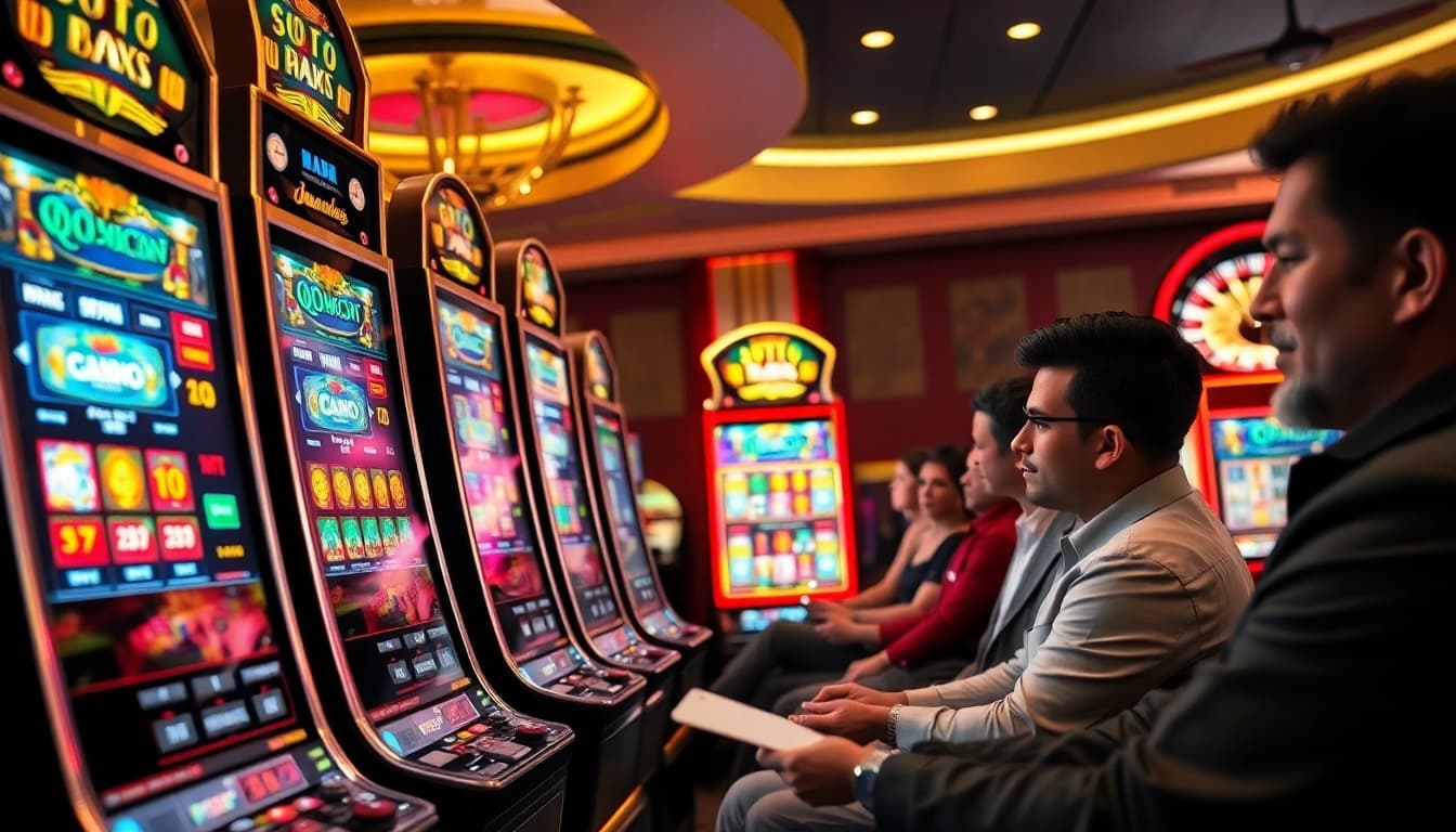 Experience thrilling gaming with QQMacan login amidst vibrant slot machines and engaging players.
