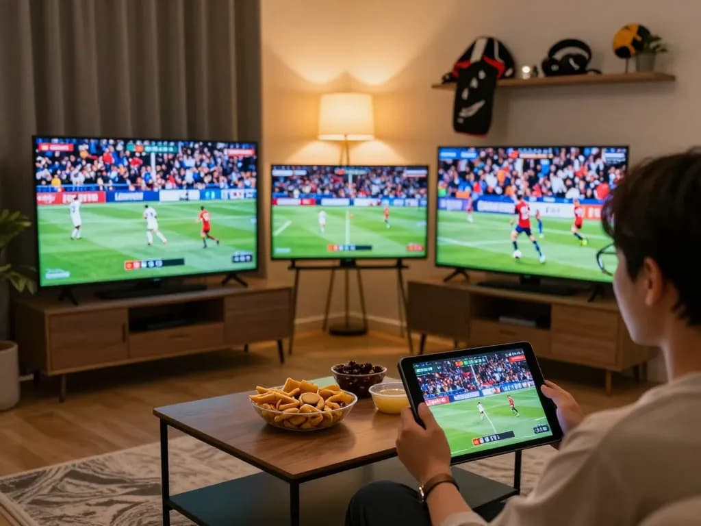 Engaged viewer using Luongsontv60 for live sports betting, enjoying the action from home.