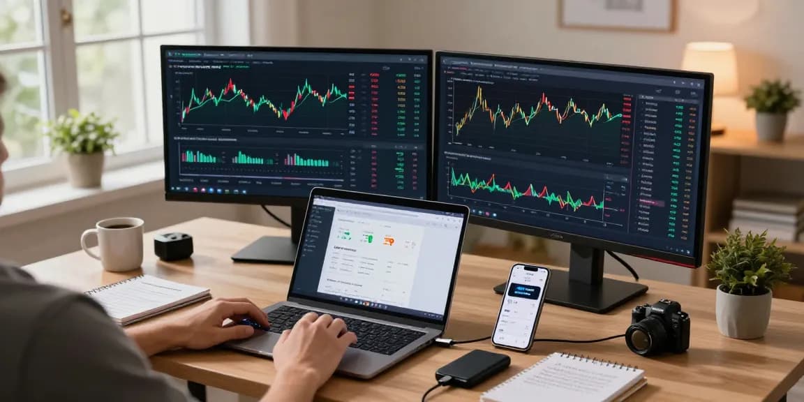Playexch247 cryptocurrency trading setup featuring real-time Bitcoin and Ethereum charts and hardware wallet for secure transactions