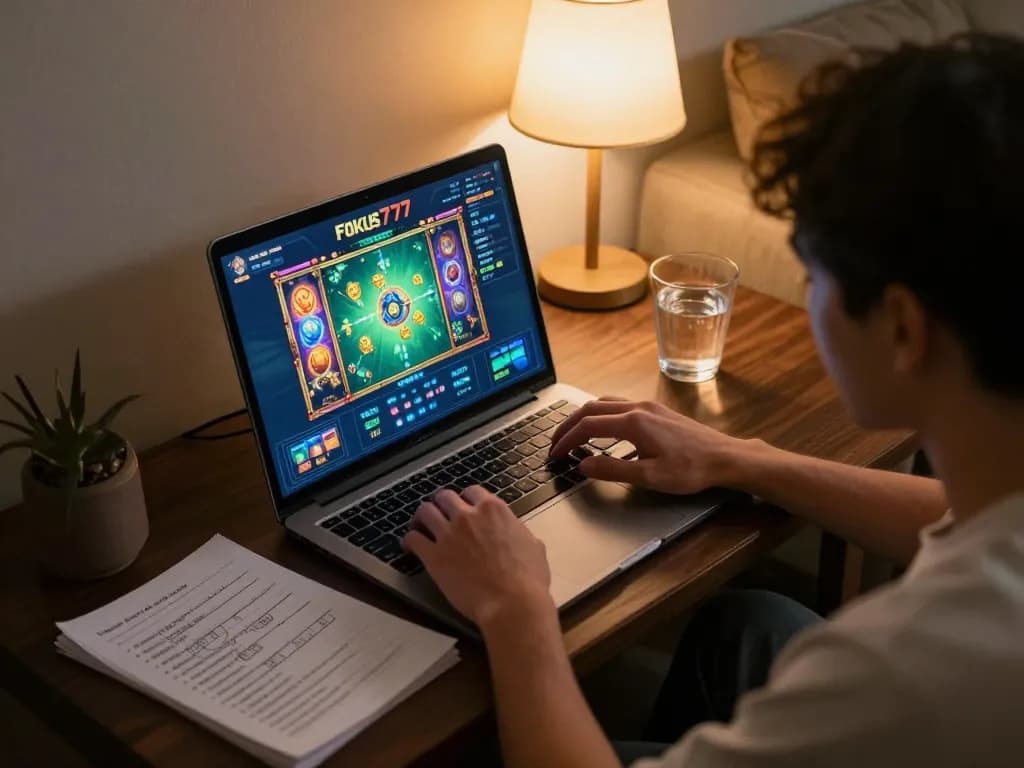 Player engaging with Fokus777 online slots on a laptop in a cozy home setting