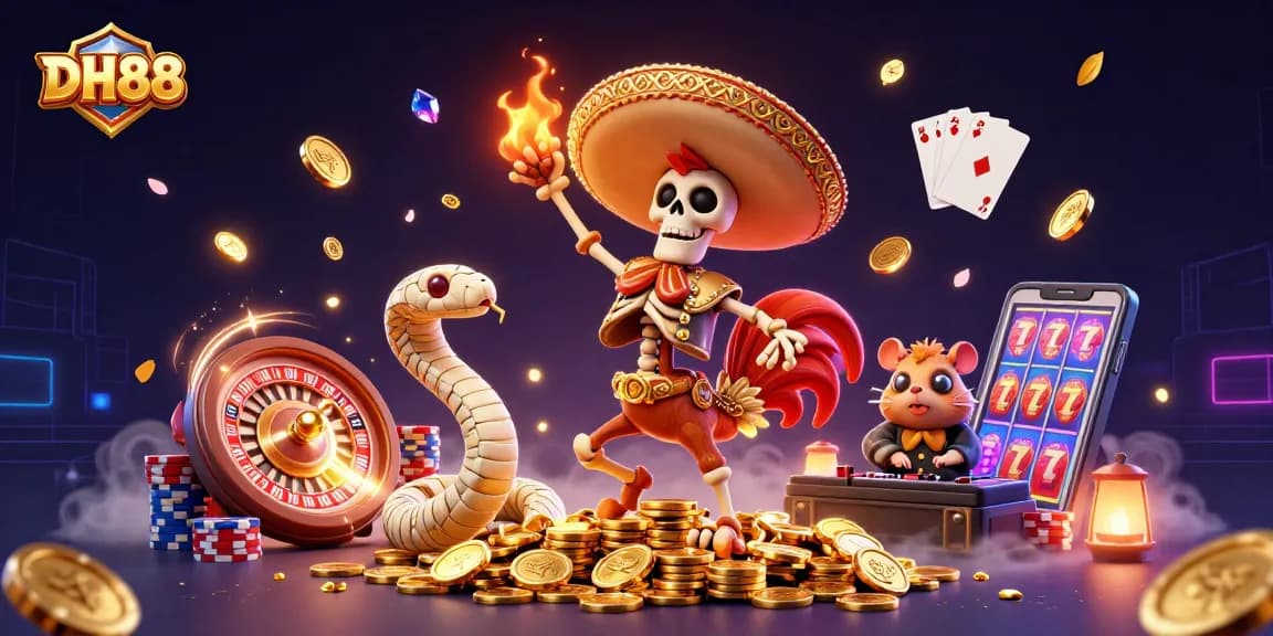 Engage with the thrilling DH88 casino experience featuring a vibrant dance celebration amidst gold coins and dynamic game elements.