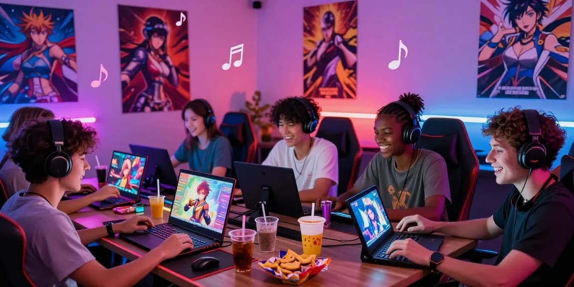 Exciting scene of players enjoying hentai games with colorful setups and snacks.