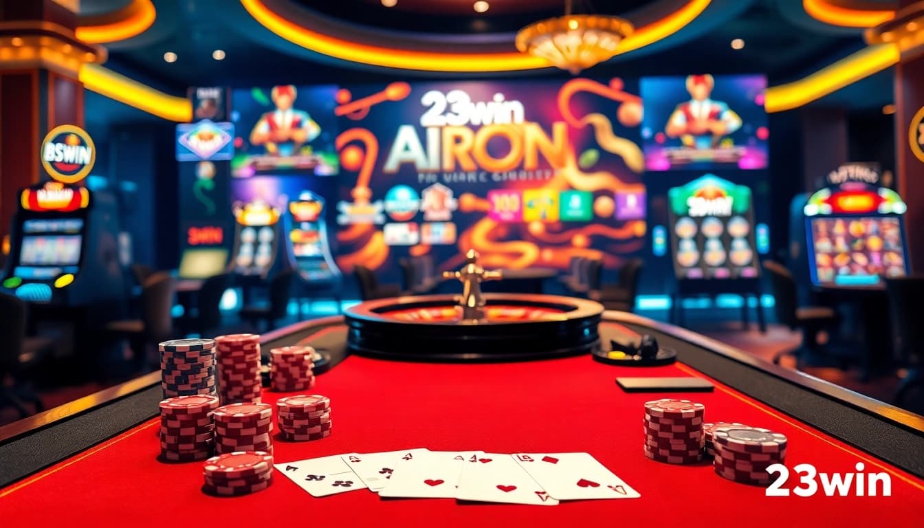 Exciting casino atmosphere with 23win branding, poker chips, and roulette wheel.
