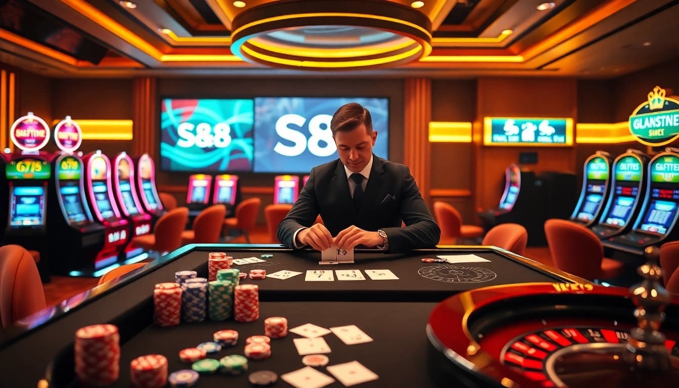 S8 Casino offers a vibrant table scene with poker chips and a roulette wheel in action.