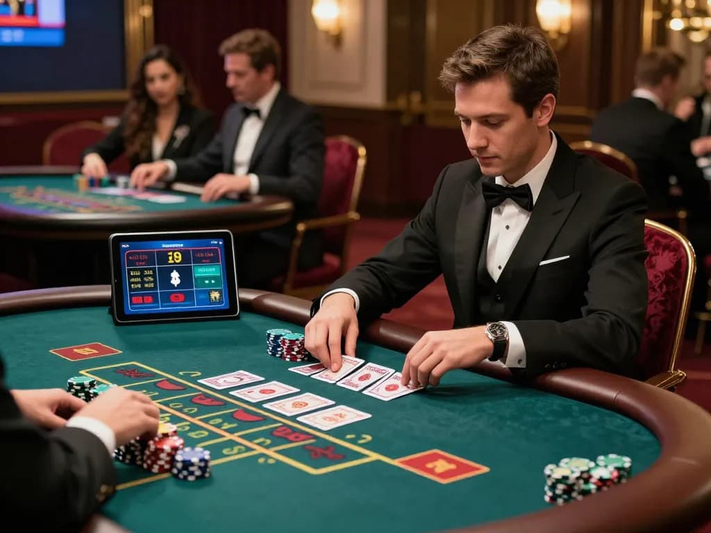 Player engaging with free credit baccarat at a luxurious casino table with colorful chips and vibrant cards, showcasing live dealer action.