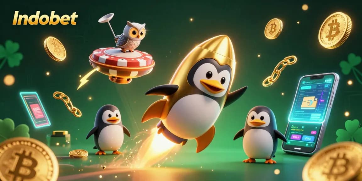 Indobet menampilkan penguin emas bertenaga roket yang meluncur menuju kasino luar angkasa.