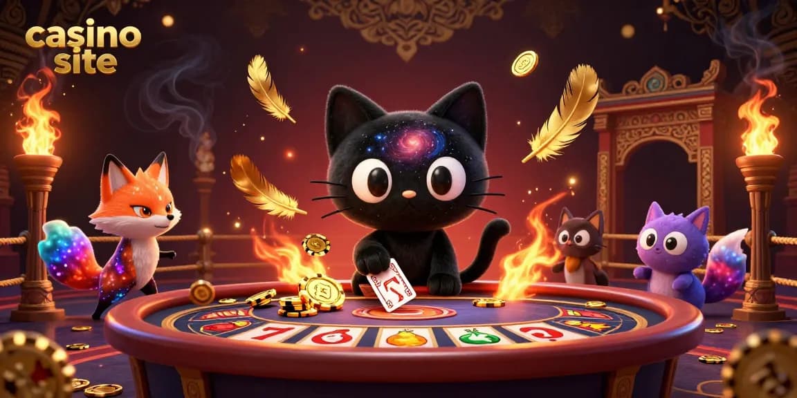 Explore a vibrant cosmic casino site with a black hole cat and nebula fox among swirling golden chips and slot reels.