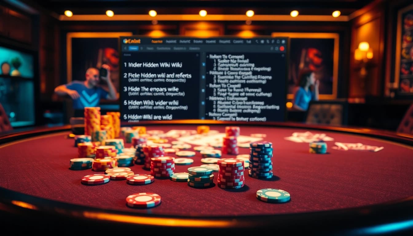 Exciting online gambling scene with hidden wiki links, poker chips, and casino table.