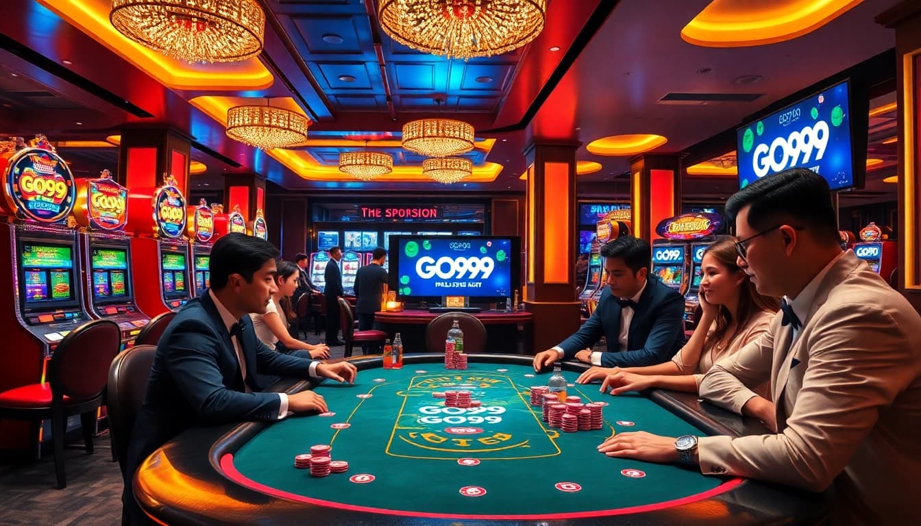 Exciting poker action at a luxurious GO99 casino table, with poker chips and bright slot machines.