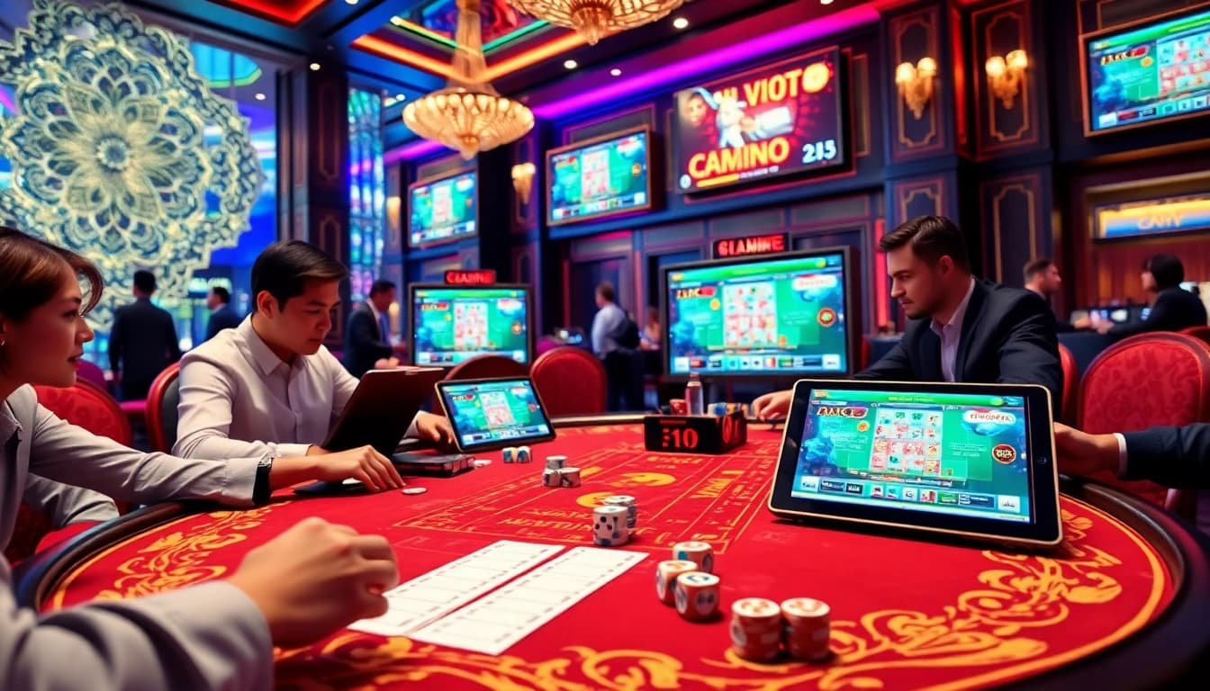 Players enjoy an exciting tài xỉu online game at an elegant casino table, betting on dice outcomes.