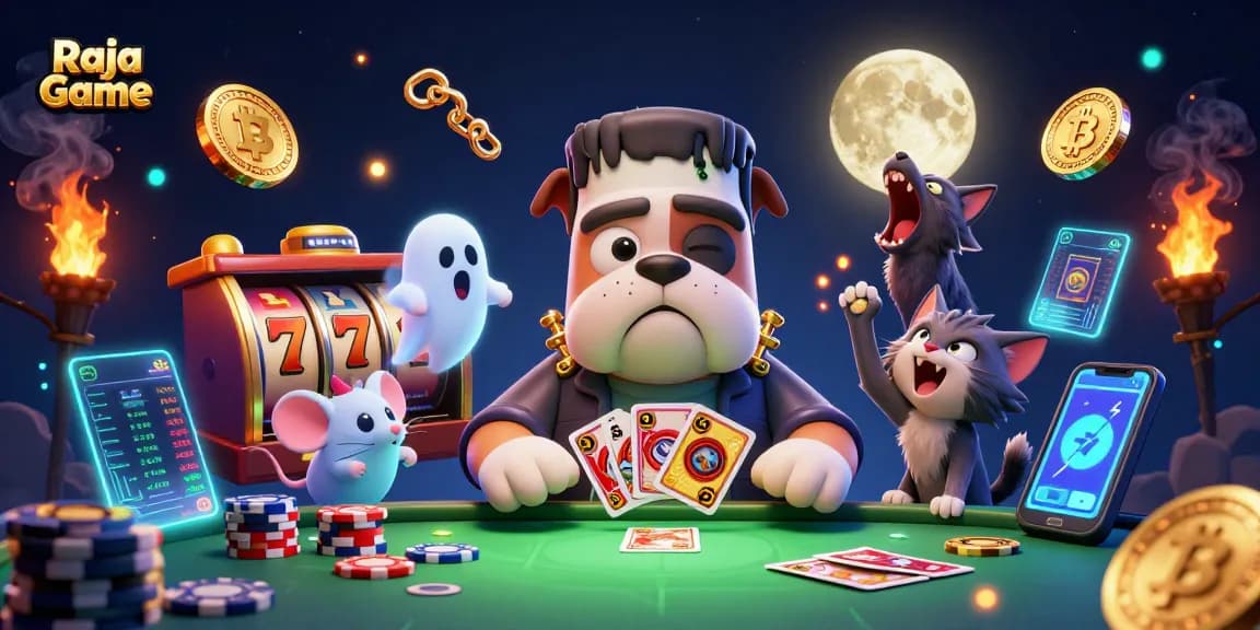 Play thrilling games on Raja Game with an exciting casino-themed illustration featuring vibrant characters.