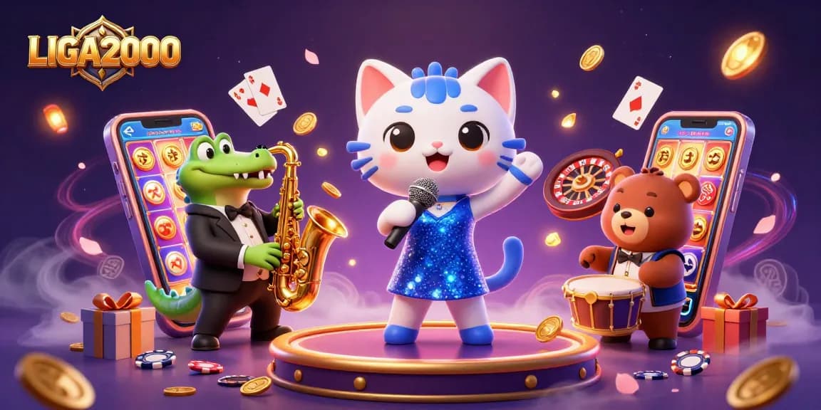 LIGA2000 memikat dengan kegembiraan slot, menampilkan ilustrasi 3D yang hidup dari karakter kasino dan permainan.