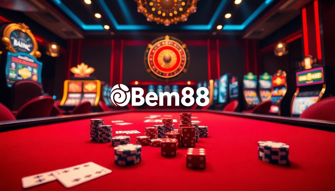 Experience the thrill of Bem88 at a luxurious casino with roulette and poker action.