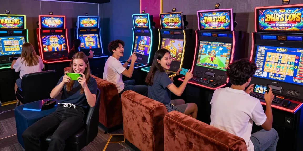 Players enjoying the new app in a vibrant gaming lounge with slots and excitement.