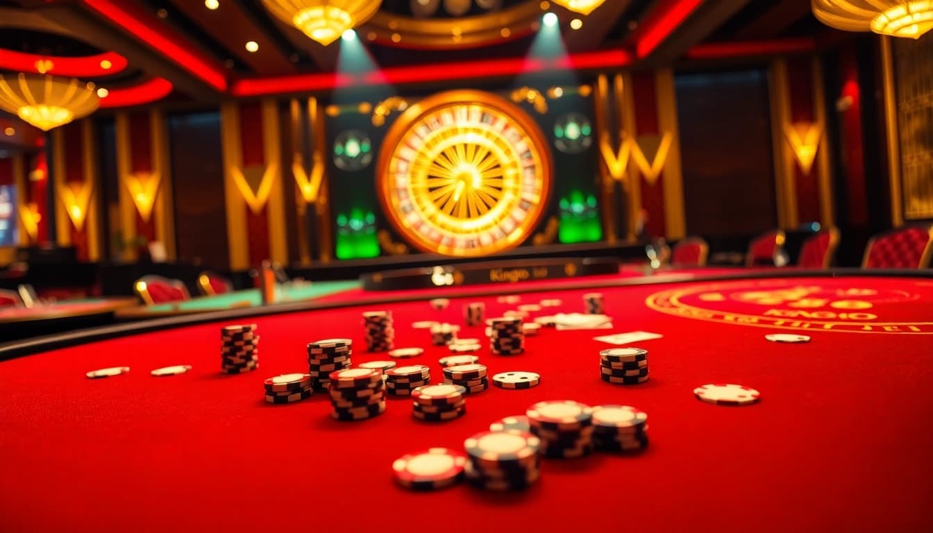 Players enjoying vibrant king88 gaming tables with cards and chips in an elegant casino setting.