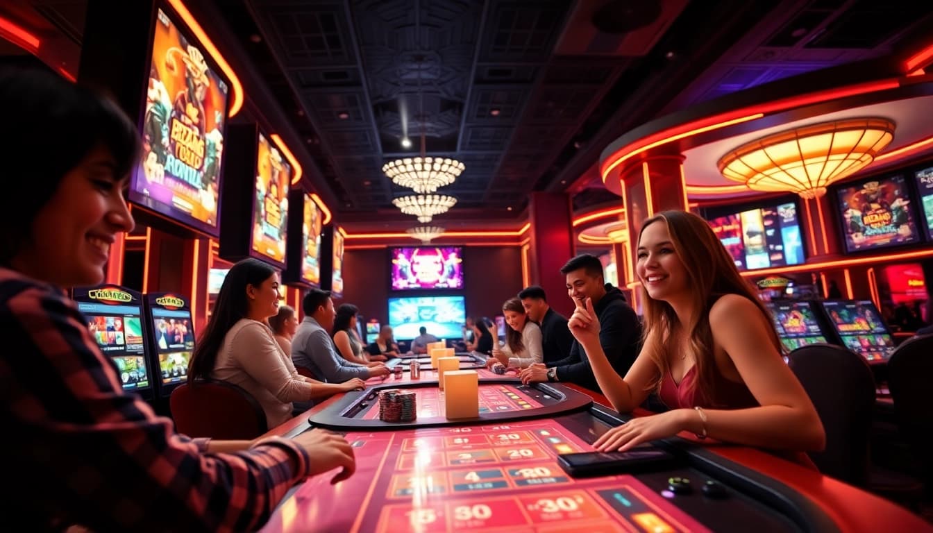 Exciting casino scene at 66club featuring vibrant gaming tables and players.
