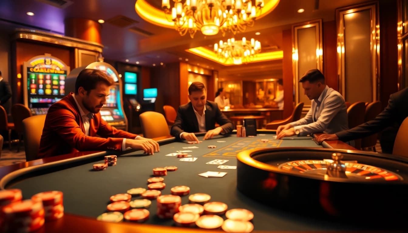 A dynamic casino scene featuring exciting gambling with 13win poker gameplay and vibrant casino elements.