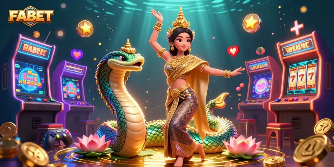 Experience FABET's vibrant gaming world with stunning scenes of Thai culture intertwined with casino excitement.